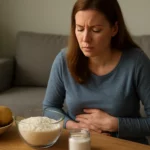 Žena so žalúdočnými ťažkosťami vedľa škrobu a zemiakov