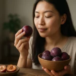 Žena vychutnáva japonskú slivku v pohode svojho domova.