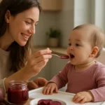 Bábätko s matkou pri prvom prikrmovaní zdravou zeleninou.