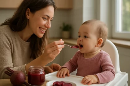 Bábätko s matkou pri prvom prikrmovaní zdravou zeleninou.