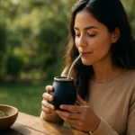 Žena vychutnáva maté čaj v prírode, zdravý nápoj pre energiu a sústredenie.