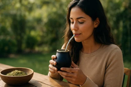 Žena vychutnáva maté čaj v prírode, zdravý nápoj pre energiu a sústredenie.