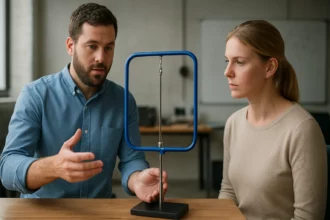 Muži a žena diskutujú o funkcii slučkovej pasce s modelom.