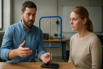 Muži a žena diskutujú o funkcii slučkovej pasce s modelom.