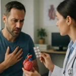 Lekárka vysvetľuje pacientovi účinky perindoprilu na srdce.
