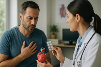 Lekárka vysvetľuje pacientovi účinky perindoprilu na srdce.