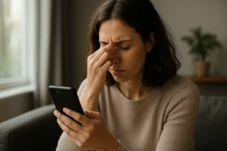 Žena trpi digitálnou únavou očí pri používaní telefónu