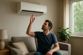 Muž ovládajúci invertorovú klimatizáciu v pohodlnom prostredí