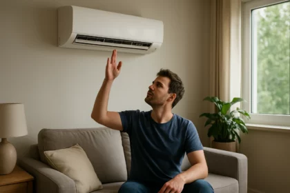 Muž ovládajúci invertorovú klimatizáciu v pohodlnom prostredí