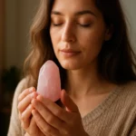 Žena s ružovým jadeitom, symbolom harmónie a uzdravenia.