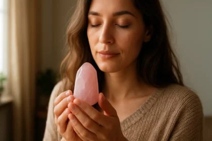 Žena s ružovým jadeitom, symbolom harmónie a uzdravenia.