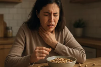 Žena má problémy s dýchaním pri konzumácii pistácií.