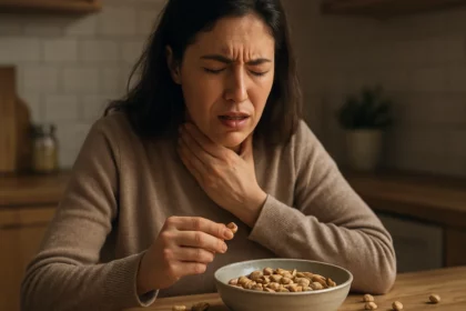 Žena má problémy s dýchaním pri konzumácii pistácií.