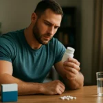 Muž skúma balenie mesterolonu pri stole s vodou a tabletami.