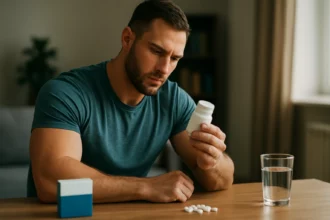 Muž skúma balenie mesterolonu pri stole s vodou a tabletami.