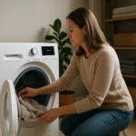 Žena v domácom prostredí používa invertorovú sušičku na prádlo.