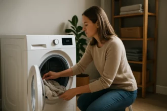 Žena v domácom prostredí používa invertorovú sušičku na prádlo.