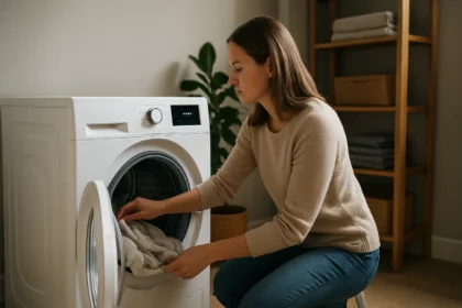 Žena v domácom prostredí používa invertorovú sušičku na prádlo.