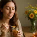 Žena s peľom a čajom užíva si zdravé návyky
