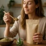 Žena s konopnou múčkou a lyžičkou, zdravé ingrediencie na stole