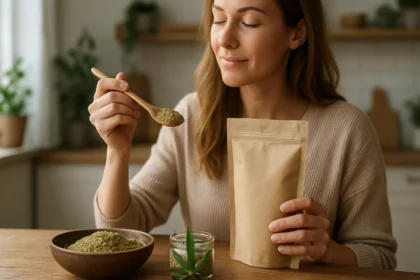 Žena s konopnou múčkou a lyžičkou, zdravé ingrediencie na stole