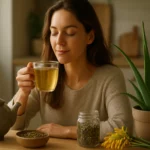 Žena vychutnáva bylinkový čaj z aloe v štýlovej kuchyni.