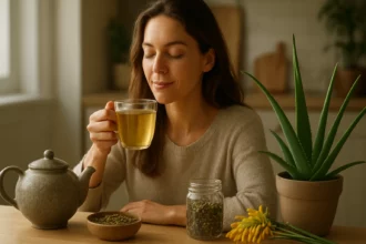 Žena vychutnáva bylinkový čaj z aloe v štýlovej kuchyni.