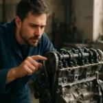 Mechanik skúma detaily štvortaktného motora v dielni.