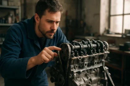 Mechanik skúma detaily štvortaktného motora v dielni.