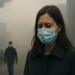 Žena s ochrannou maskou v znečistenom ovzduší v meste