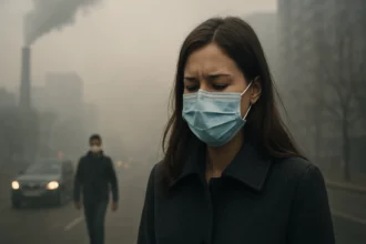 Žena s ochrannou maskou v znečistenom ovzduší v meste