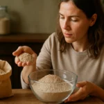 Žena skúma celozrnnú múku v poháriku a v taške.