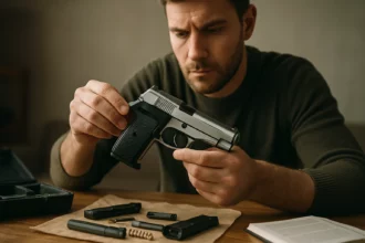 Muž skúma pištoľ PA-63 so súčasťami na stole.