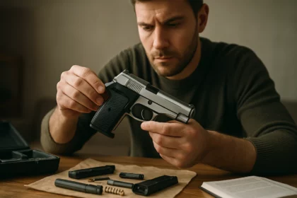 Muž skúma pištoľ PA-63 so súčasťami na stole.