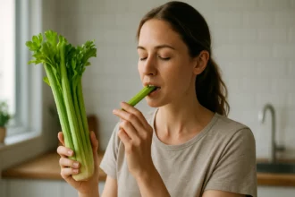 Žena si užíva zdravý stopkový zeler v kuchyni.