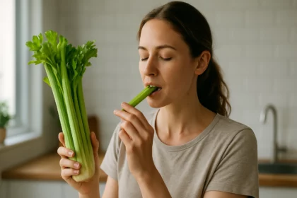 Žena si užíva zdravý stopkový zeler v kuchyni.