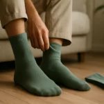 Bambusové ponožky v prírodných farbách pred obývacou izbou