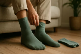 Bambusové ponožky v prírodných farbách pred obývacou izbou