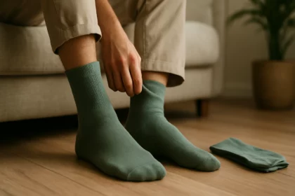 Bambusové ponožky v prírodných farbách pred obývacou izbou