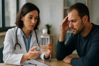 Lekár konzultuje pacientovi účinky propylénglykolu v medicíne.