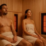 Pár relaxuje v infračervenej saune, užívajúc si hlbokú relaxáciu.