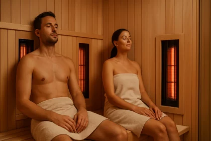 Pár relaxuje v infračervenej saune, užívajúc si hlbokú relaxáciu.