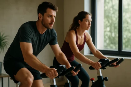 Dve osoby cvičia na stacionárnych bicykloch v domácom prostredí.