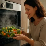 Žena vklada zeleninu do parnej rúry na zdravé varenie.