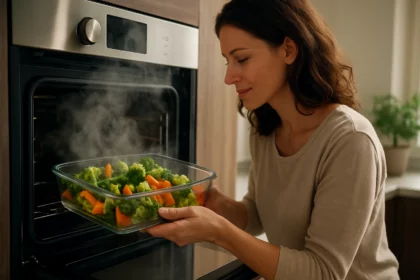 Žena vklada zeleninu do parnej rúry na zdravé varenie.