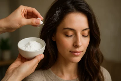 Žena so zdravými vlasmi a kremelinou na pokožke hlavy