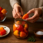 Ospravedlnenie nakladaných jabĺčkových paprík v sklenenej nádobe.