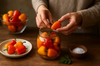 Ospravedlnenie nakladaných jabĺčkových paprík v sklenenej nádobe.