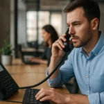 Muž používa IP telefón a počítač v moderne vybavenej kancelárii.