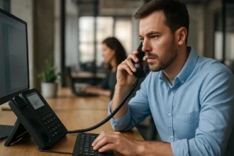 Muž používa IP telefón a počítač v moderne vybavenej kancelárii.